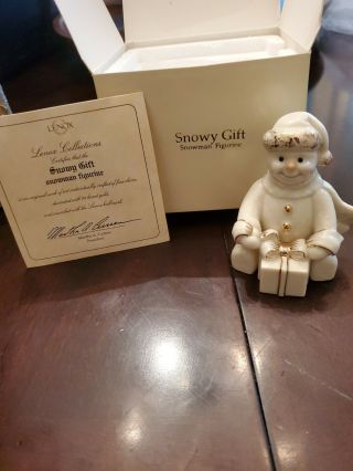 Lenox Snowy Gift Snowman Figurine 3 " Porcelain Ivory White 24k Gold Accents