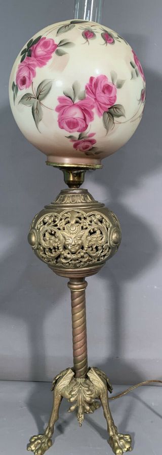 Antique Brass Orientalist Face & Dragons Old Claw Foot Oil Banquet Parlor Lamp