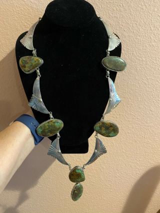 Vintage Estate Navajo Necklace,  29” L,  7 Large Stones,  Signed Dr, .  925 Silver