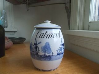 Antique 1890s Blue Windmill Oatmeal Cannister Jar & Lid G.  M.  T Germany