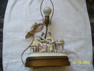 Antique Lamp W/two Porcelain Victorian Ladies On A Couch With A Brass Base