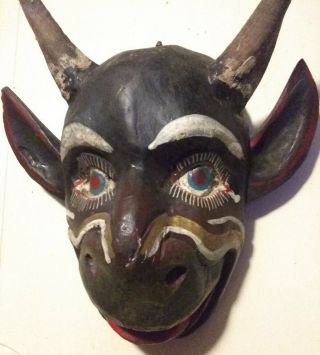 Vintage Mexican Devil Torito Dance Mask Carved Wood & Goat Horns Guerrero Mexico