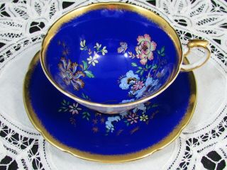 Paragon Oriental Flowers Cobalt Blue Heavy Gold Tea Cup And Saucer