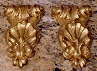 Pair 19th C French / Italian Gold Gilt Wood Carved Rococo Wall Decorations,  9 "