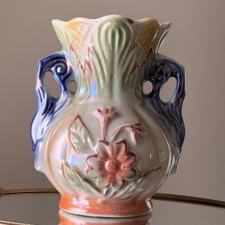 Vintage Ceramic Lusterware Vase Urn Made In Brazil Flower Motif Green Blue Peach