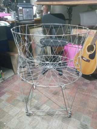 Wonderful Vintage Collapsible Metal Wire Basket French Laundry Cart On Wheels