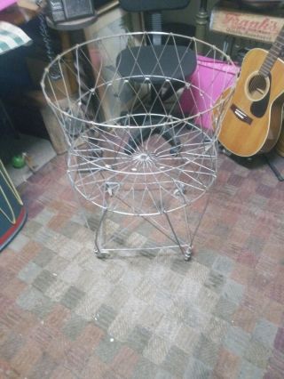 Wonderful Vintage Collapsible Metal Wire Basket French Laundry Cart On wheels 2