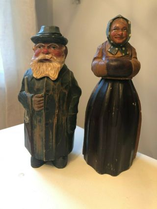 Antique Man & Woman Black Forest Hand Carved Liqueur Bottles Wood With Stoppers