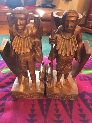Vintage Carved Wood Native American Indian Bookends Book End Pair