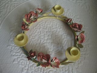 Vintage Italian Tole Ware Roses Candle Holder Centerpiece Shabby Chic 3 Tapers