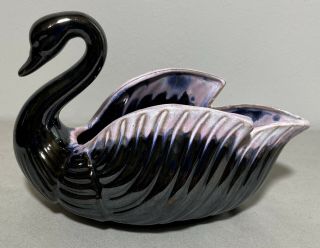 Vintage Ceramic Swan Planter Dish Bowl Black With Lavender Drip Glaze Wing Tips