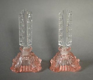 Antique Signed Czech Cut Glass Art Deco Perfume Bottles With Pink Bases