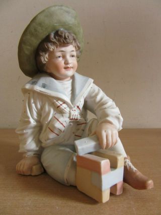 Antique German Bisque Figure Heubach? Boy Playing With Blocks 8.  25 "