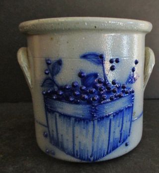 Vintage Blue Berry Box Grey Salt Glaze 4 1/2 " Stone Ware Crocks Pottery Folk Art