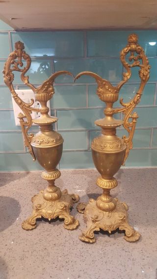 Pair (2) Antique Vintage Ornate Brass Ewer Urn Pitcher Vase Cast Metal