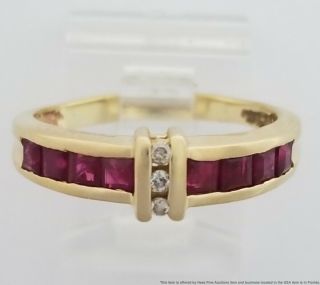 Vintage Channel Set Natural Ruby Fine White Diamond 14k Gold Ladies Ring