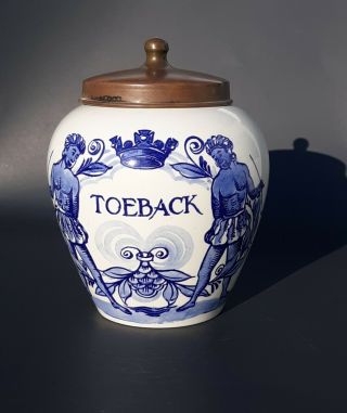Vtg Signed Toeback Tobacco Jar W/brass Lid Holland Blue White Delfts Geodewaagen