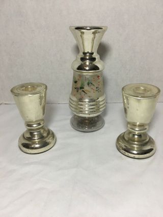 Antique Victorian Mercury Glass Vase And Candlestick Holders