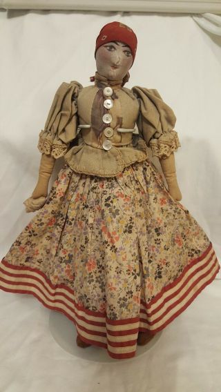 Equisite Antique American Folk Art Cloth Rag Doll,  Painted Face Primitive 19th C