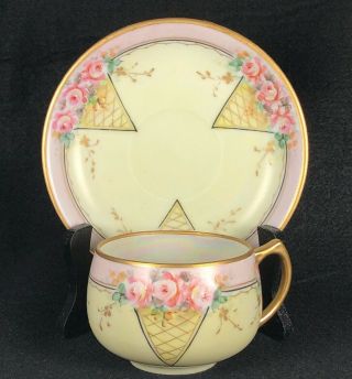 Antique Hand Painted Bavaria Fine China Teacup & Saucer Pink & Yellow W Roses