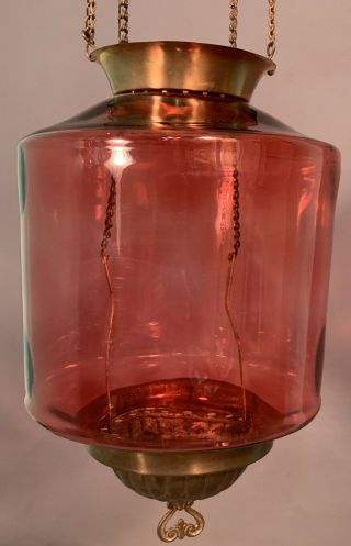 19thc Antique Victorian Era Brass Cranberry Glass Old Pull Down Chandelier Lamp