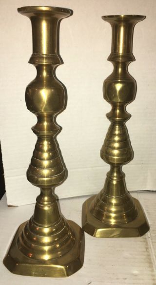 Large 12” Tall 19th Century Brass Push Up Candlesticks Matching Pair