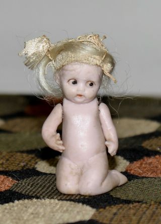 Rare Antique All Bisque Tiny Baby Figurine Jointed Arms Germany