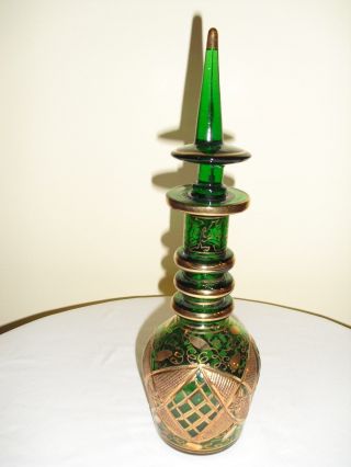 Vintage Emerald Green Hand Blown Glass Persian Decanter,  Hand Painted Gold,  13 "