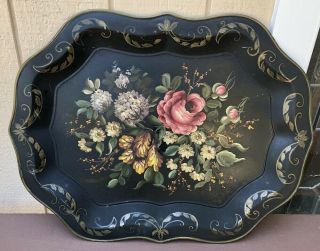 Vintage Hand Painted Decorative Floral Tole Tray Black Gold Rose Colored Accents