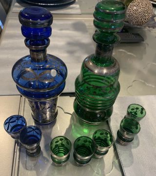 Antique Cobalt & Emerald Green Glass Silver Overlay Bottle Glass W/shot Glasses