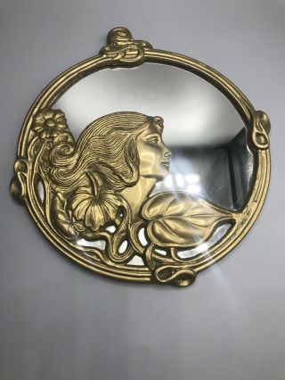 Vintage Art Noveau Wall Hanging Mirror Lady Framed Brass Metal