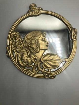 Vintage Art Noveau Wall Hanging Mirror Lady Framed Brass metal 2