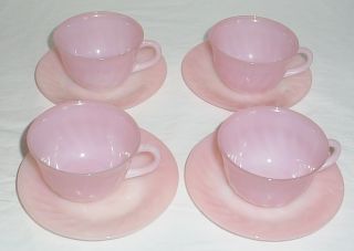 Vintage Fire King Pink Swirl Cups & Saucers (8 Piece No Chips Or Cracks)
