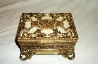 French Filigree Ormolu Jewelry Casket Celluloid Ornate Lined Mid Century