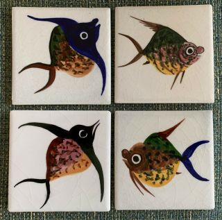 Set 4 Square Vintage Hand Painted Fish Ceramic Tiles Mid Century Modern Mexico
