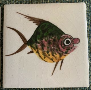 Set 4 Square Vintage Hand Painted Fish Ceramic Tiles Mid Century Modern Mexico 3
