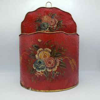 Vintage Red Painted Tole Box With Flower Painting