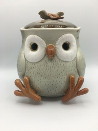Vintage Ceramic 1978 Fitz & Floyd Gray Owl Cookie Jar With Twig & Leaf Lid