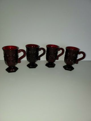 Set Of 4 Vintage Avon Cape Cod Ruby Red Pedestal 5 " Coffee Mugs