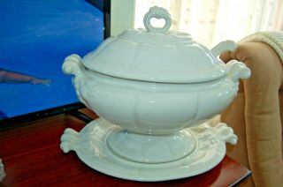 Vintage Red Cliff White Ironstone Footed Tureen W/ Ladle & Under Plate Large