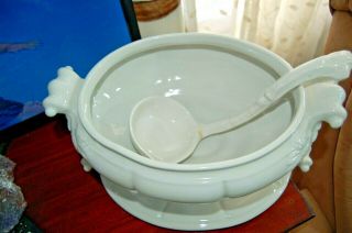 Vintage Red Cliff White Ironstone Footed Tureen w/ Ladle & Under Plate LARGE 3