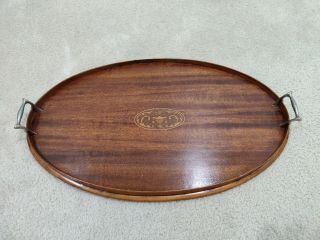 Vintage Antique Marquetry Oval Large Wood Serving Tray - Lantern Design
