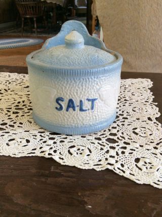 Antique Blue Salt Glaze Hanging Salt Box W/ Lid Butterflies Primitive Farmhouse