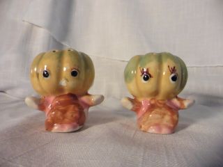 Vintage Anthropomorphic Baby Pumpkin Heads Salt And Pepper Shakers Japan
