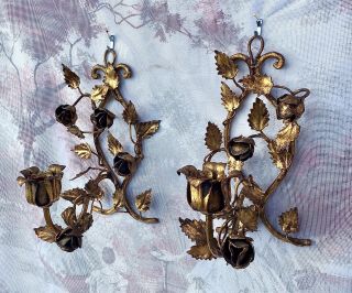 Pair Gilt Gold Tole Hollywood Regency Italy Rose Wall Sconce Candle Holders 9”