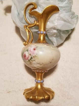 Antique French Porcelain Urn Vase Paris Hand Painted Gold Gilted 8 3/4 "