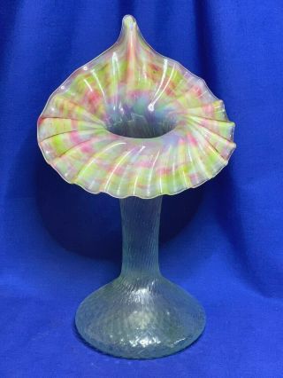 Antique Bohemian Art Glass Vaseline With Rainbow Spatter Jack In The Pulpit Vase