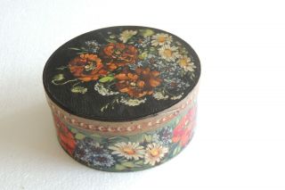 Antique Hand Painted Floral Wood Box Round Fabric Inside 7 1/8 