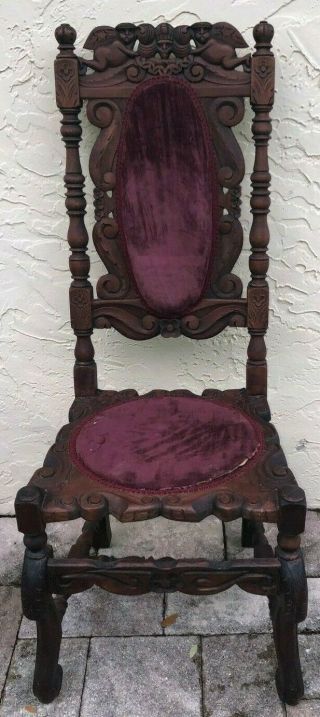 Jacobian Style Old Vintage Antique Chair Wood Carved,  In