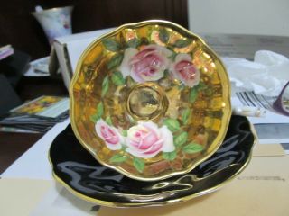 Queen Anne Tea Cup And Saucer Large Roses & Gold Bowl Teacup Black